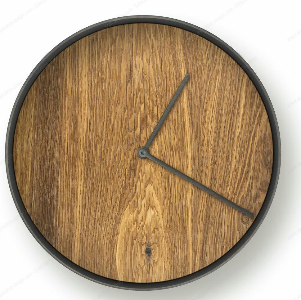 MJ01 Wanduhr: Runde Holzwanduhr aus geölter Eiche mit Rohstahl-Rahmen und minimalistischem Design.