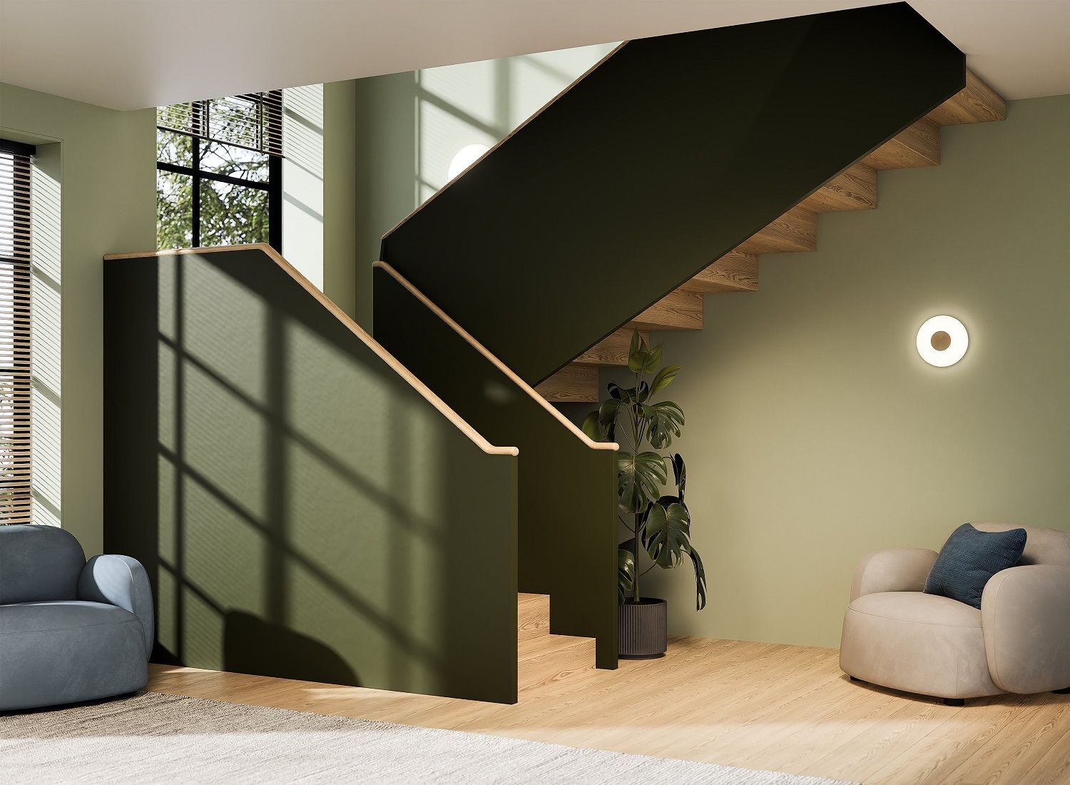 Moderne Treppe mit Glint Glass opal Wandleuchte von Northern, die warmes Licht in einem stilvollen Wohnraum spendet.