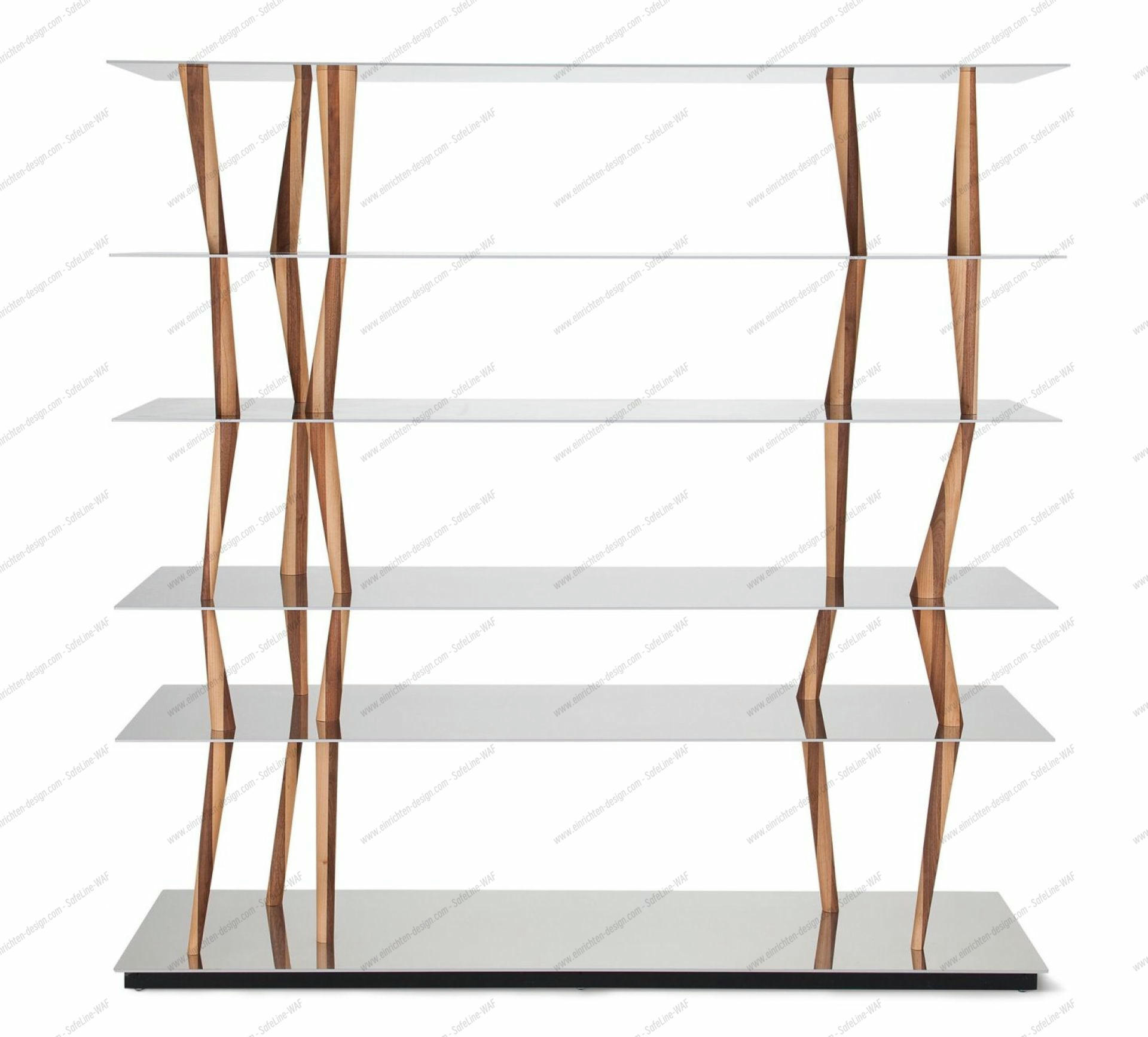 Sendai Regal mit Holzstreben und vier Glasböden, modernes Design für Wohnzimmer.