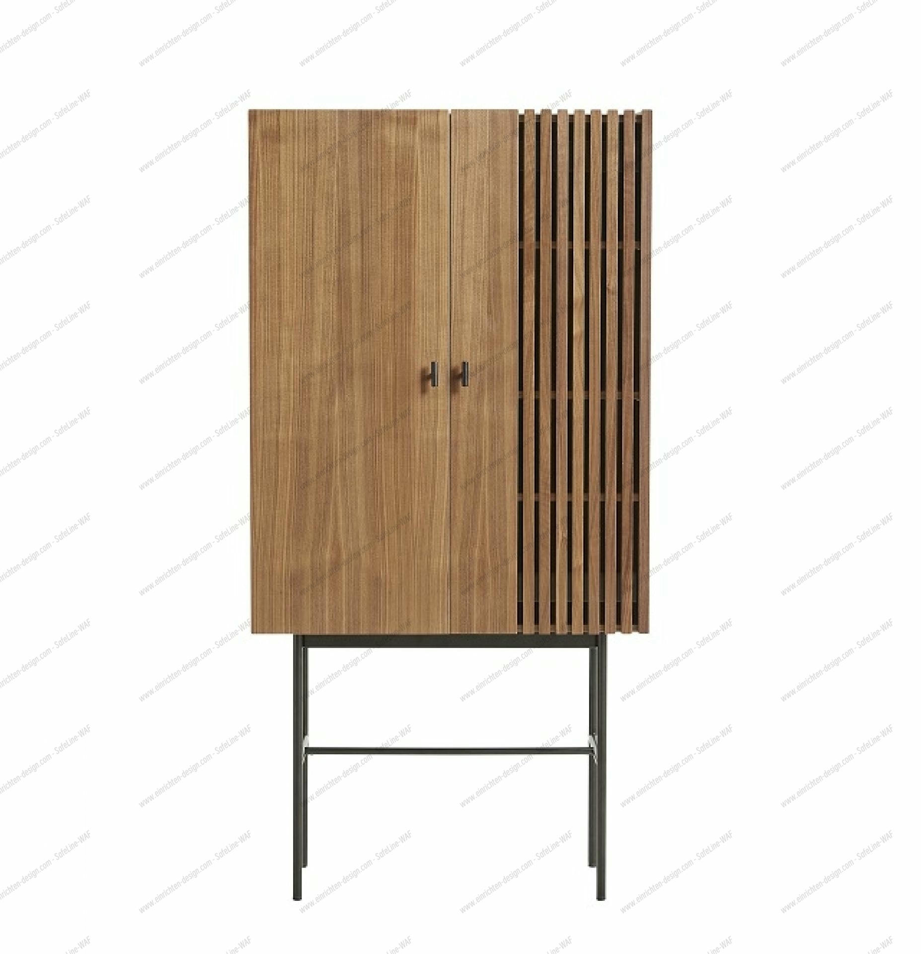 Array Highboard Woud Walnuss: Moderner Schrank aus Holz mit Lamellentür und Metallgestell.