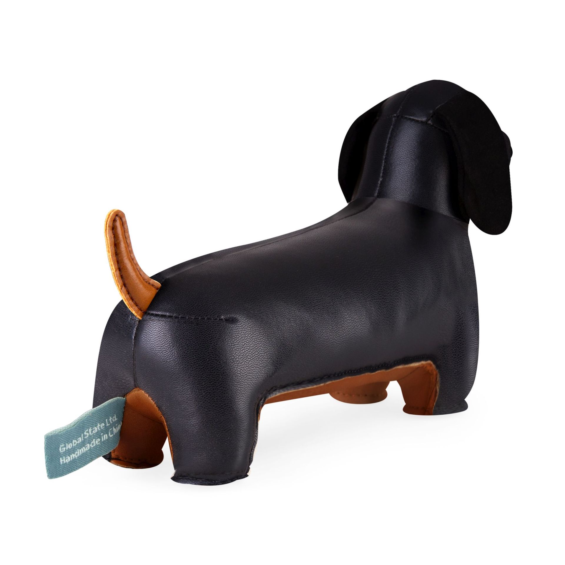 Briefbeschwerer Dackel in Schwarz und Tan von Zuny, dekorative Hundefigur aus Kunstleder, Rückansicht.
