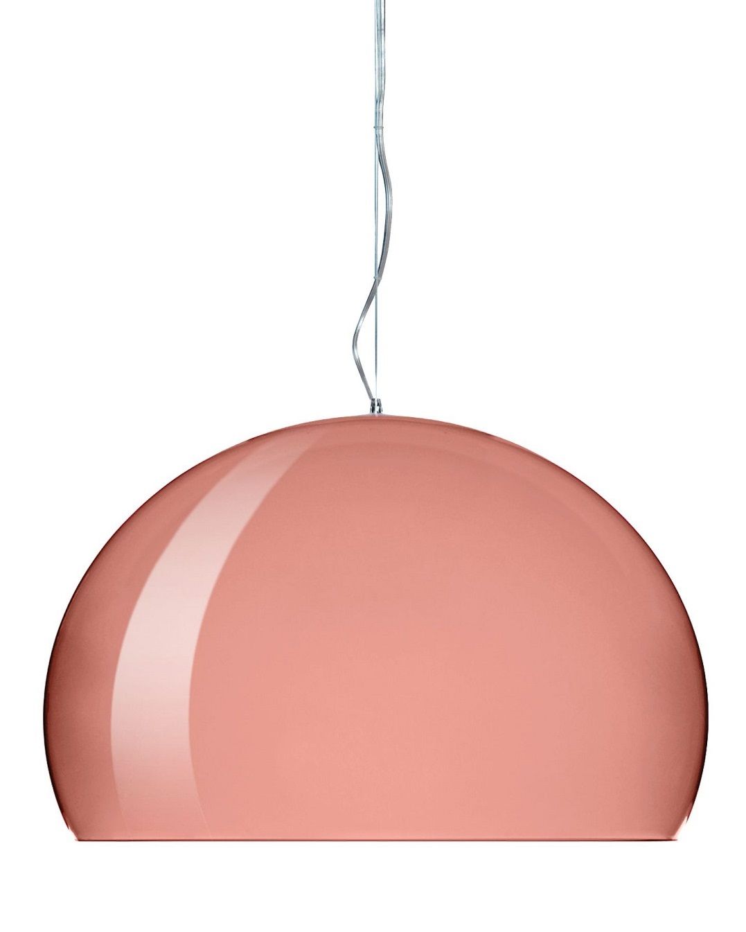 Nahaufnahme der Kartell Fly Pendelleuchte in Metallic-Rosa, moderne Hängelampe für stilvolle Innenräume.