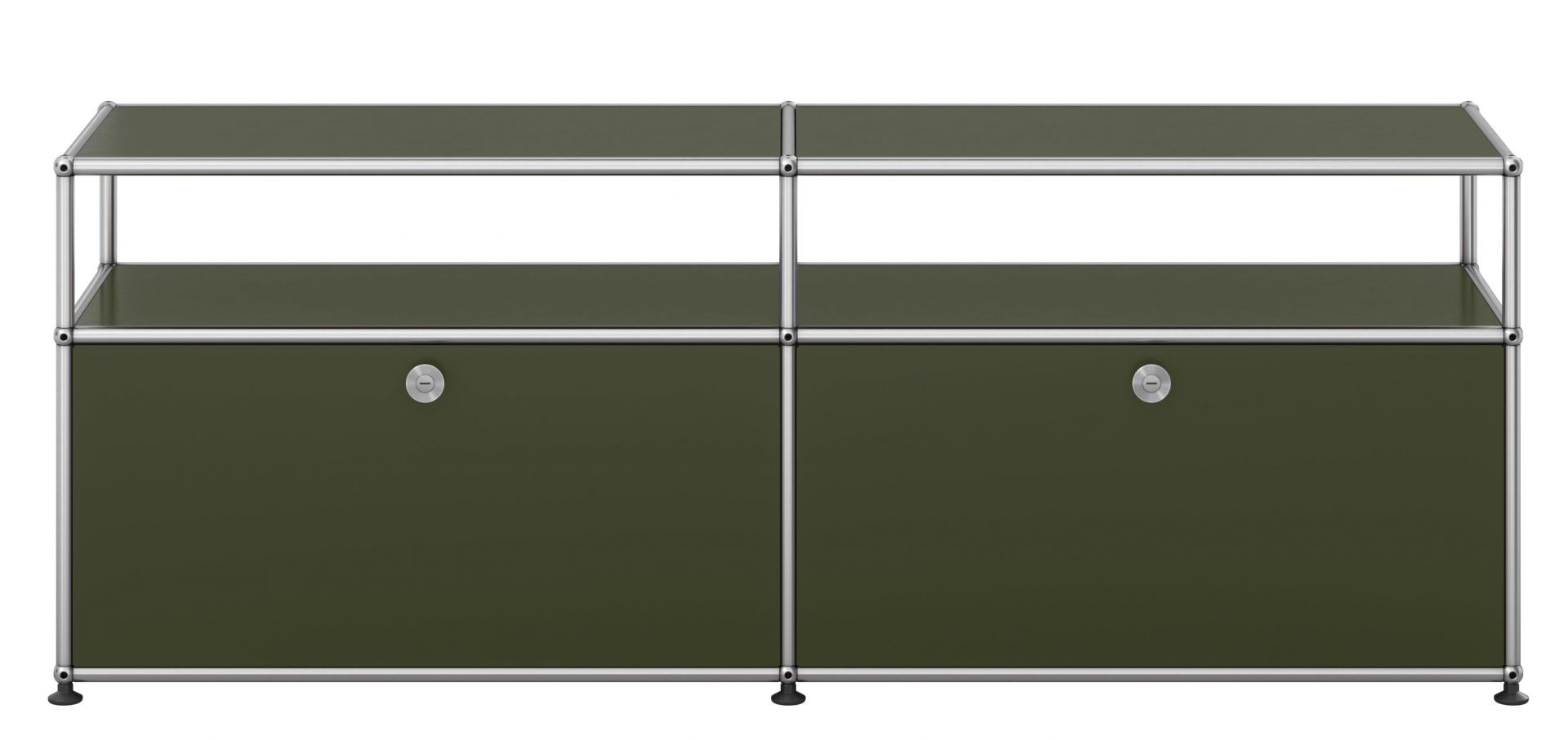 USM Haller Lowboard in Olivgrün mit zwei Klapptüren, modernes Designmöbel für Wohnzimmer und Büro.
