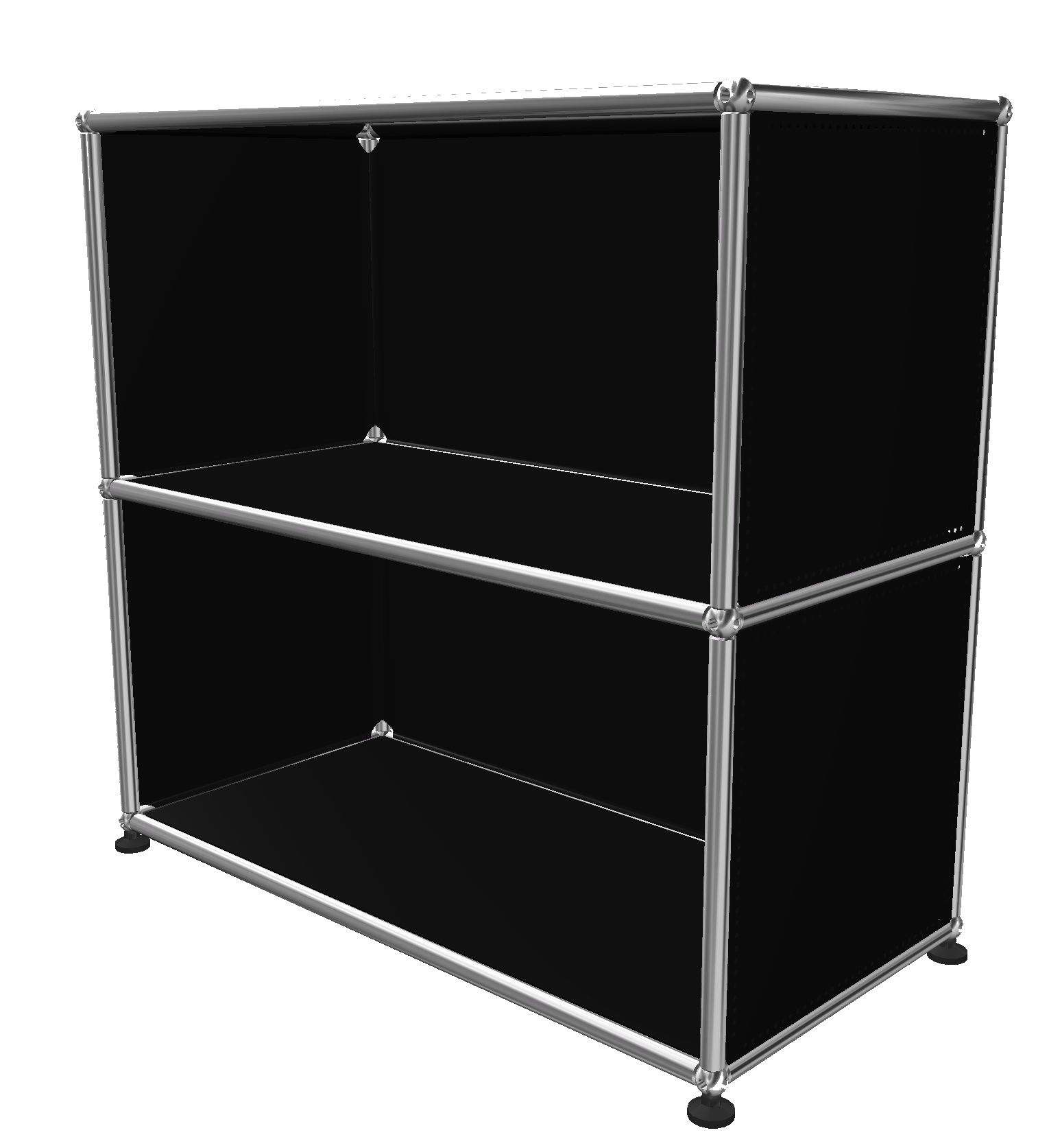 USM Haller Regal in Graphitschwarz mit zwei offenen Fächern, modernes modulares Design für stilvolle Aufbewahrung.