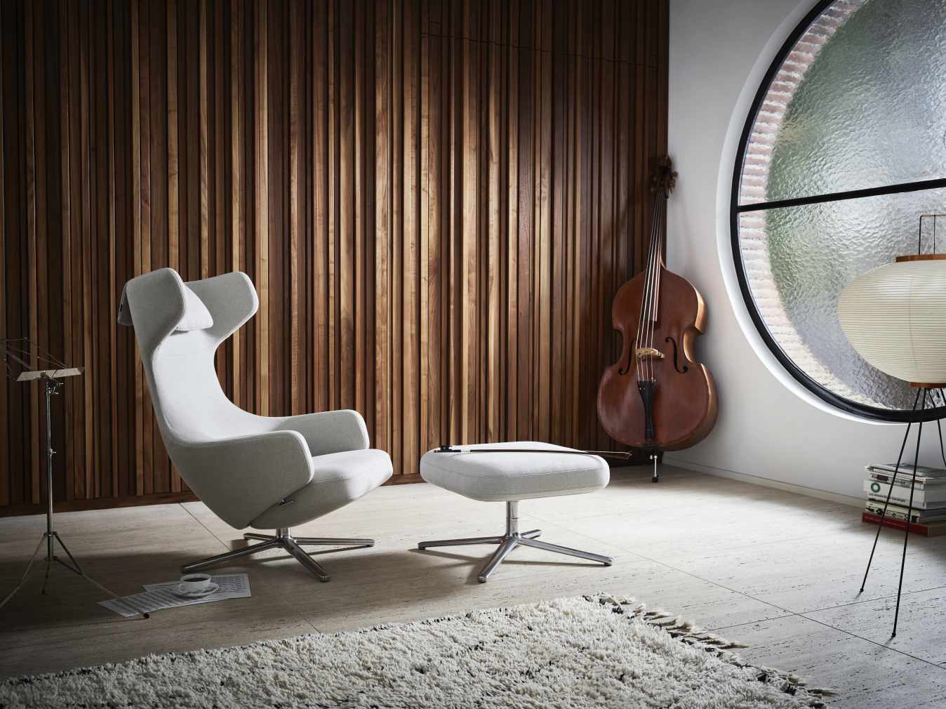 Grand Repos Armchair + Ottoman Vitra Polished Nubia Ivory / Pearl