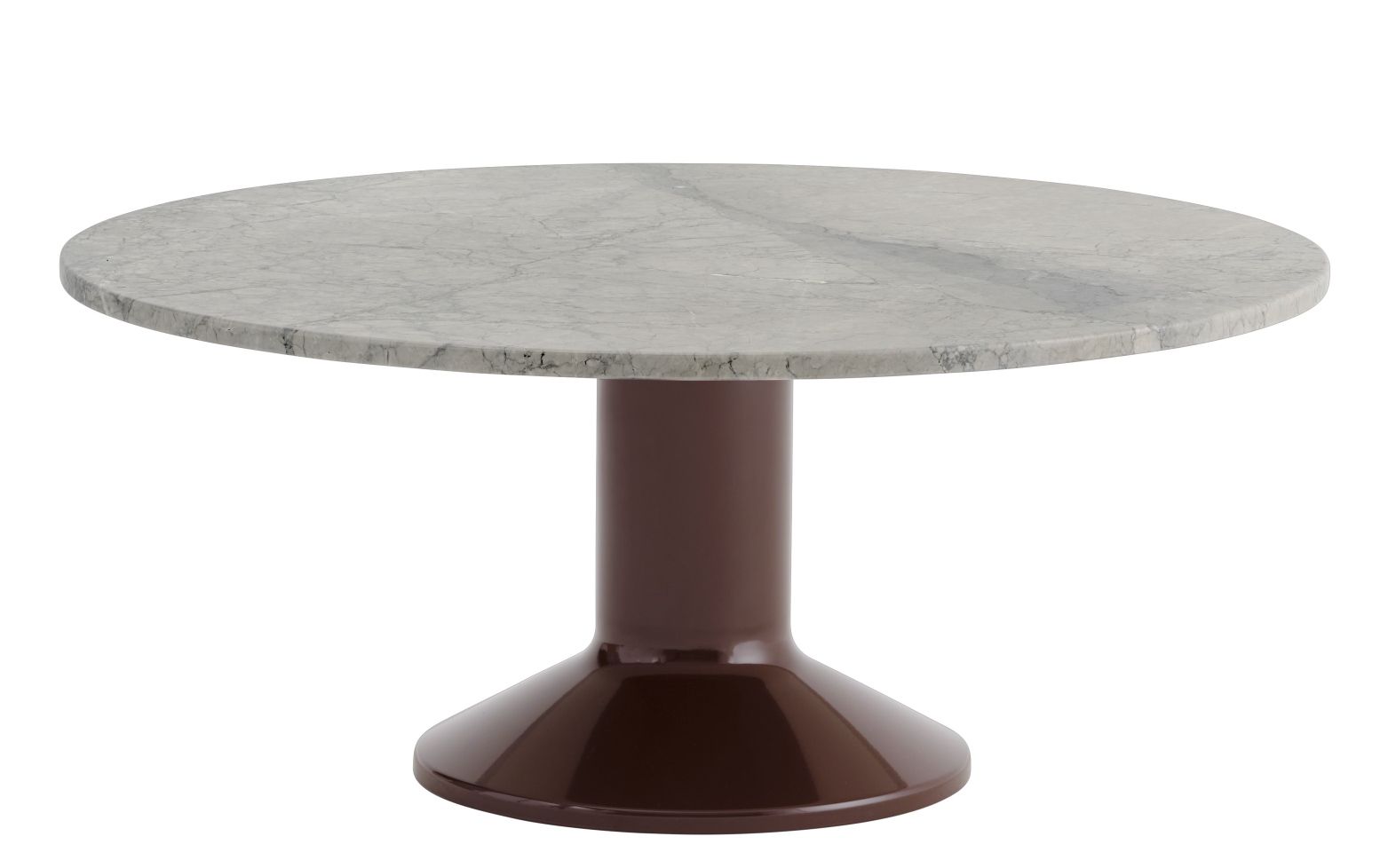 Muuto MIDST Coffee Table: Runder Couchtisch mit grauer Marmorplatte und braunem, trompetenförmigem Fuß.