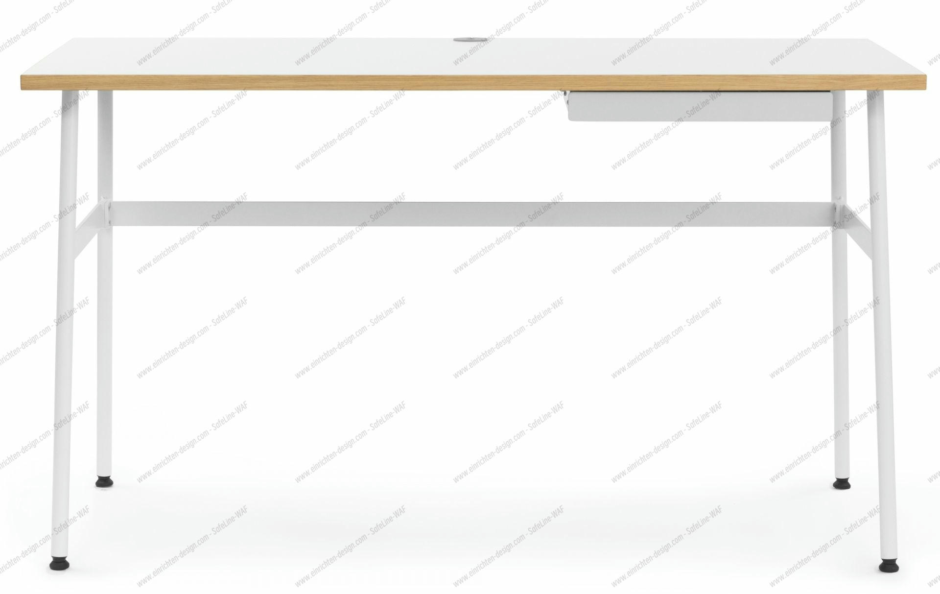 Weißer Journal Schreibtisch von Normann Copenhagen mit Schublade und Kabeldurchlass, minimalistisches Design für Büro und Homeoffice.