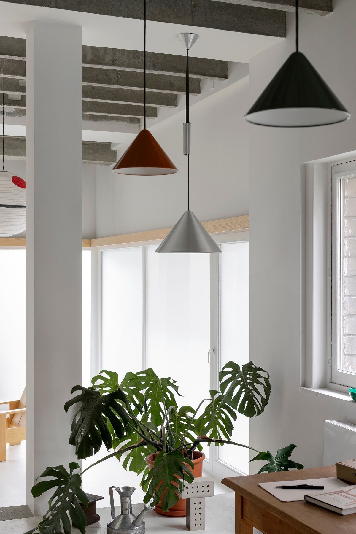 Innenaufnahme mit drei Compass Pendelleuchten von Hay, Aluminium gebürstet, in verschiedenen Farben über einem Monstera-Blumentopf.