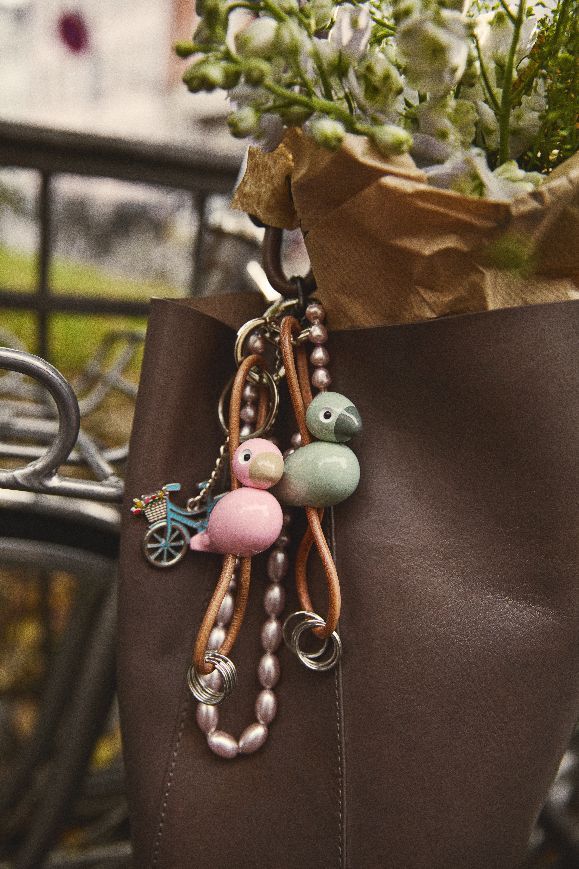 Bird green key ring silver coloured metal with natural leather Kay Bojesen