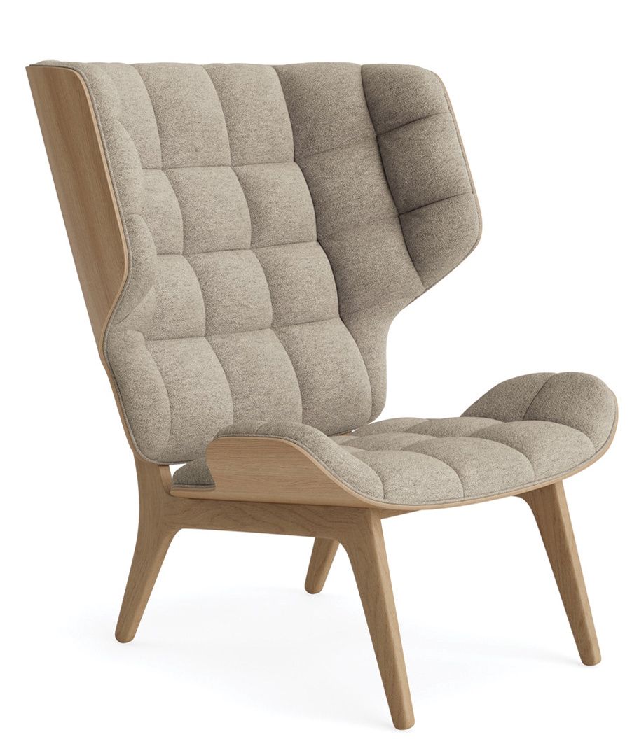NORR11 Mammoth Chair Sessel mit hellgrauem Wollstoff und hellem Holzgestell, modernes Möbeldesign.