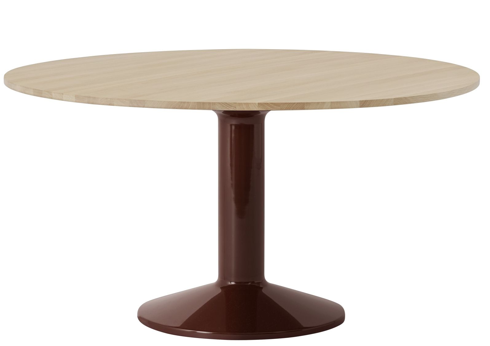 MIDST Table von Muuto: Runder Esstisch mit heller Holzplatte und braunem, trompetenförmigem Fuß.