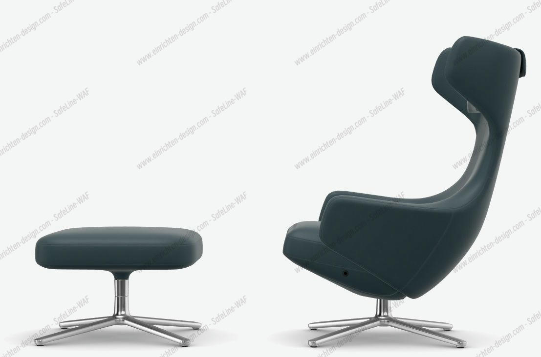 Grand Repos armchair + ottoman LOW / LEATHER PREMIUM WITH CONTRAST SEAM SMOKE BLUE Vitra SINGLE PIECES