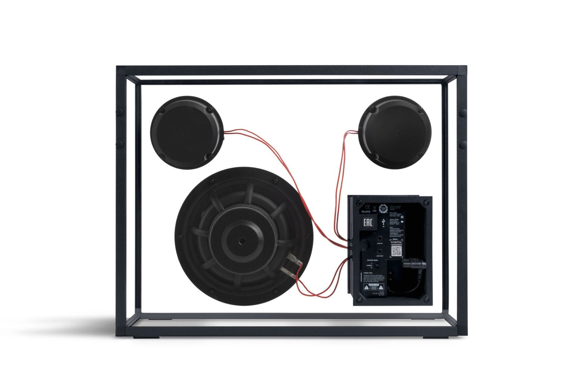 Transparent loudspeaker black with red cables Transparent
