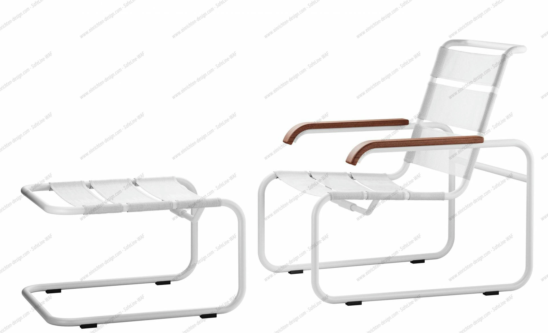 Weißer S 35 Outdoor Sessel mit Holzarmlehnen und passendem Hocker von Thonet.