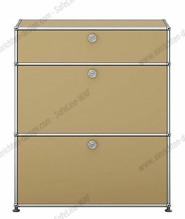 Beiges USM Haller Highboard mit zwei Klappen und verchromtem Gestell, modernes Designmöbel für Wohnzimmer und Büro.