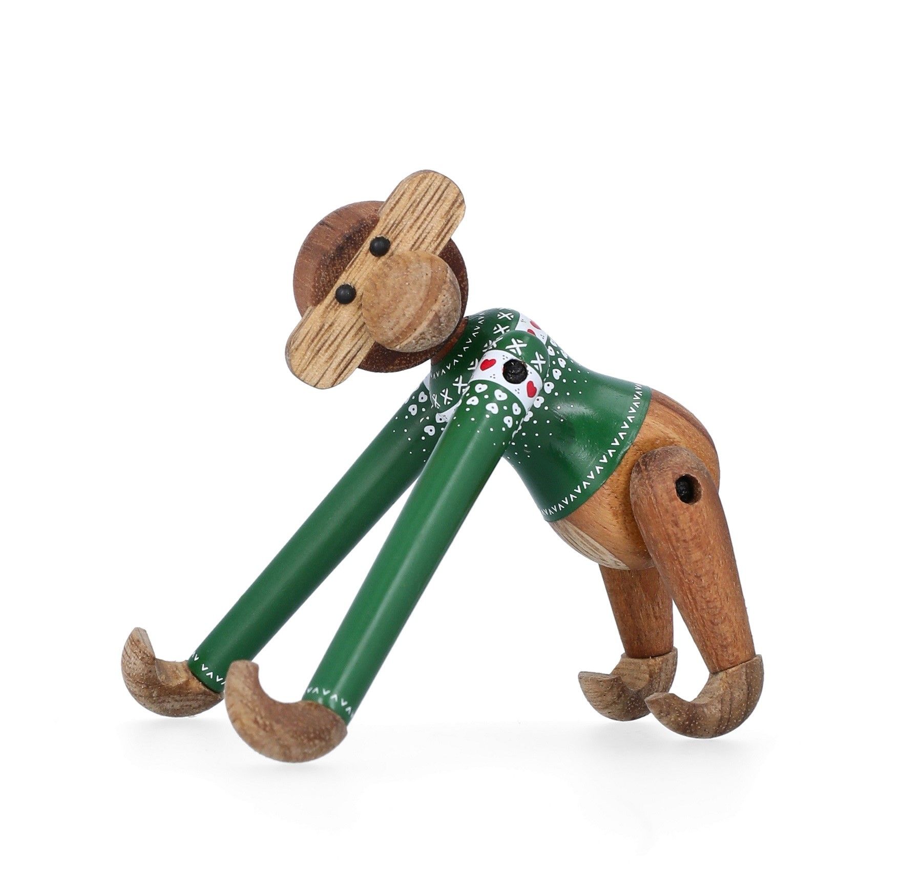 Kay Bojesen Affe Miniatur Holzfigur mit grünem Weihnachtspullover, festliche Weihnachtsdekoration für 2025.