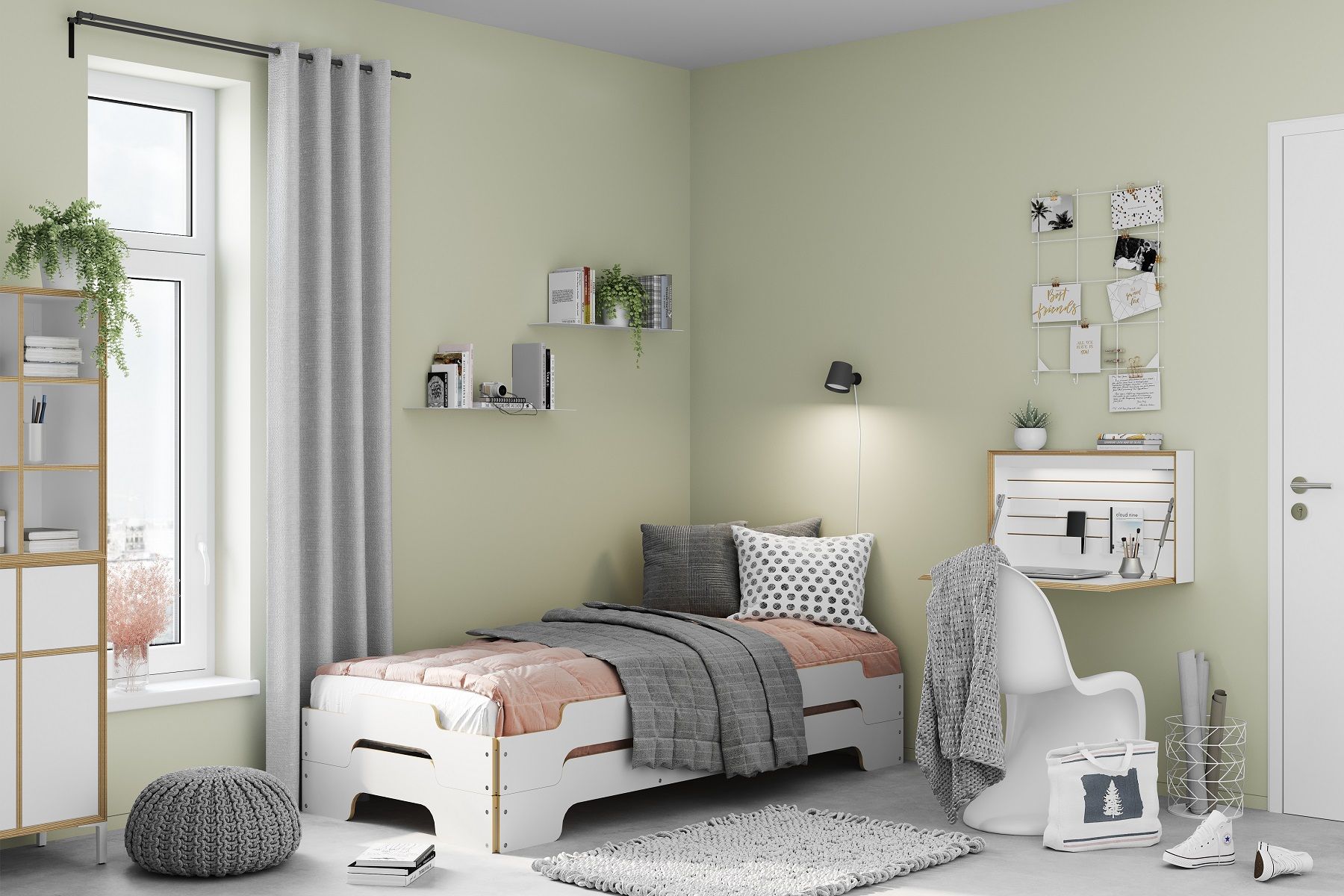 Modernes Jugendzimmer mit Flatbox Sekretär von Müller Möbelwerkstätten, Bett, Schreibtisch und weißen Möbeln.