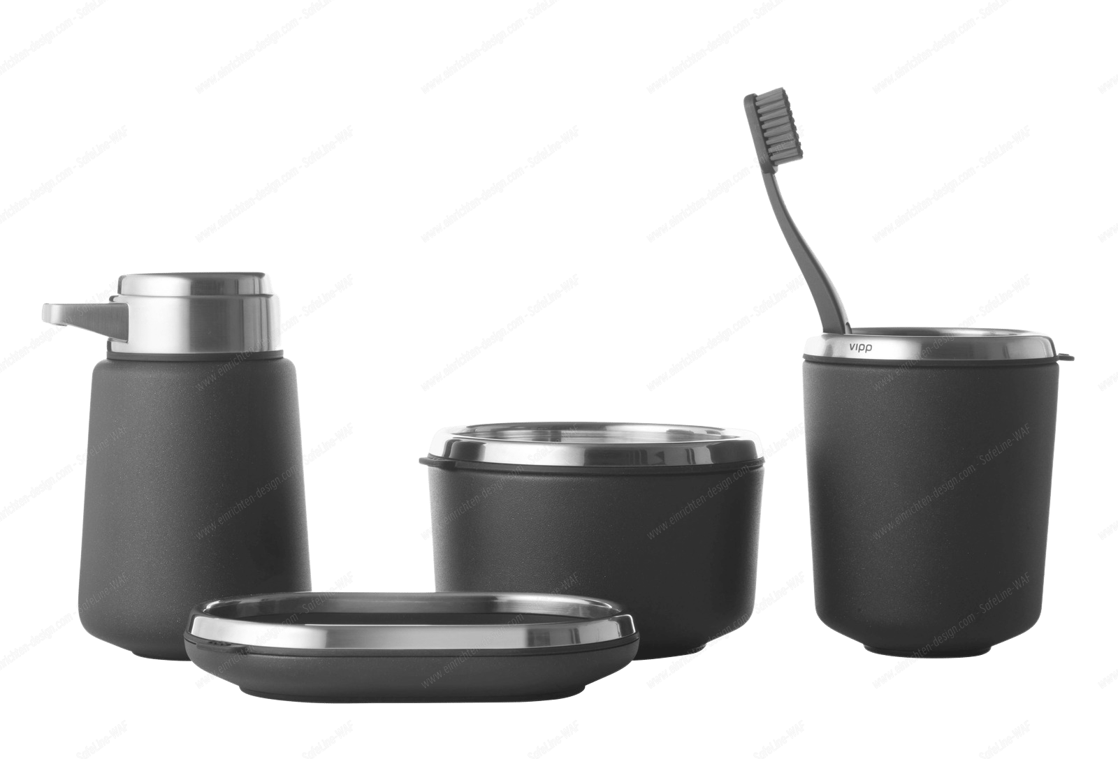 Vipp Badezimmer-Set in Grau: Seifenspender, Seifenschale, Behälter mit Deckel und Vipp Zahnbürstenhalter.
