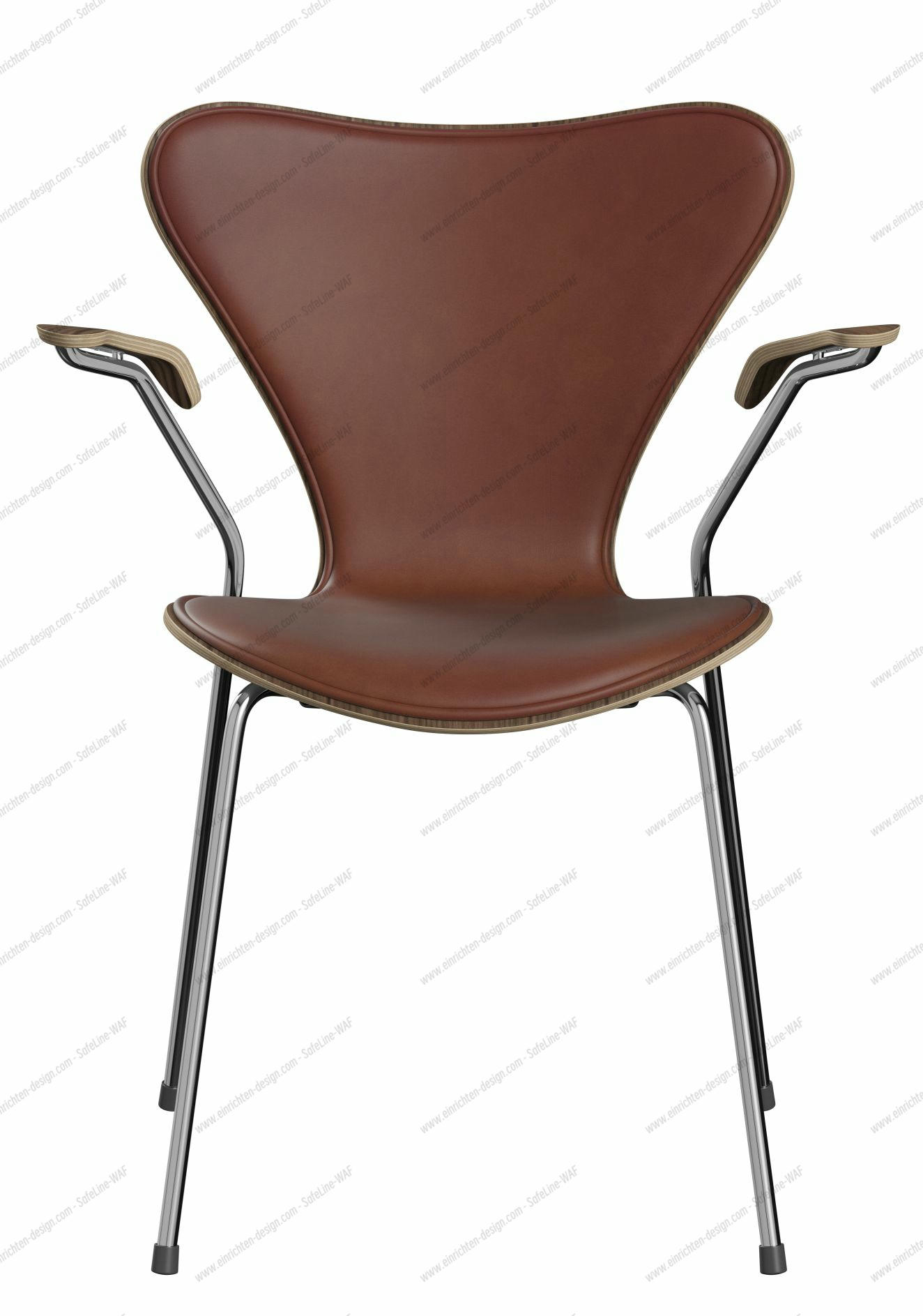Siebener Stuhl von Fritz Hansen, Jubiläumsmodell in Kastanienleder mit Armlehnen und Chromgestell.