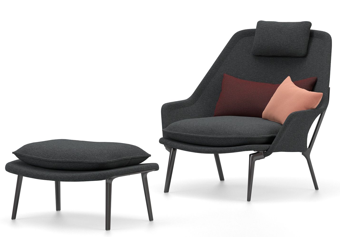 Vitra Slow Chair Sessel mit Ottoman in Grau, bequemer Stoffbezug und farbigen Kissen.