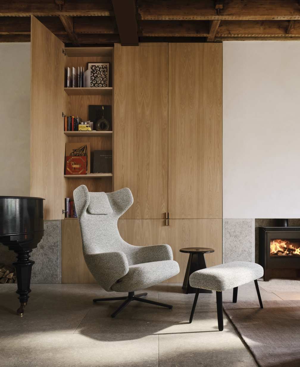 Grand Repos Armchair + Ottoman Vitra Polished Dumet Pebble Melange