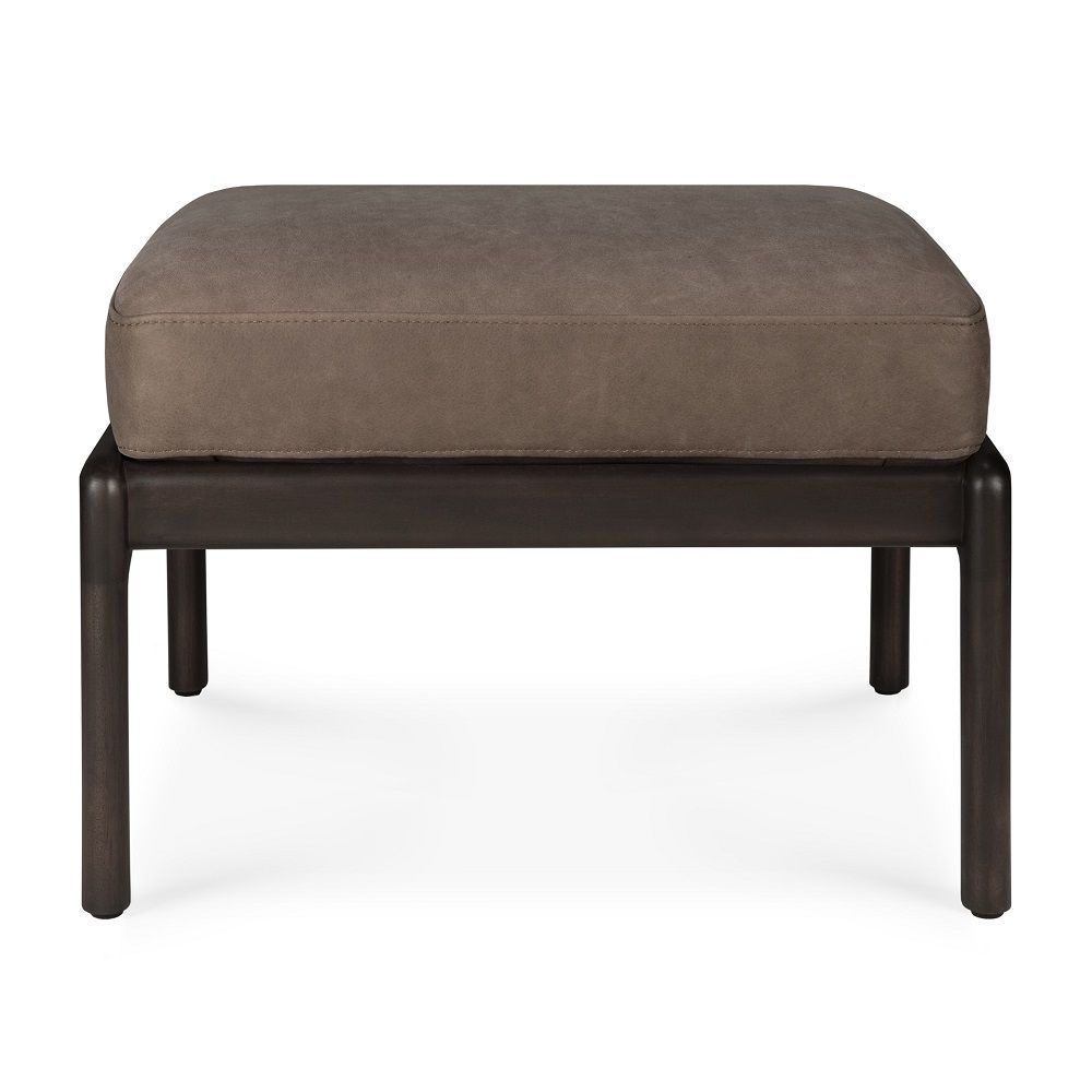 Jack Fußhocker von Ethnicraft, dunkelbraunes Mahagoni mit Terra Nubuk Sitzfläche, modernes Möbeldesign.