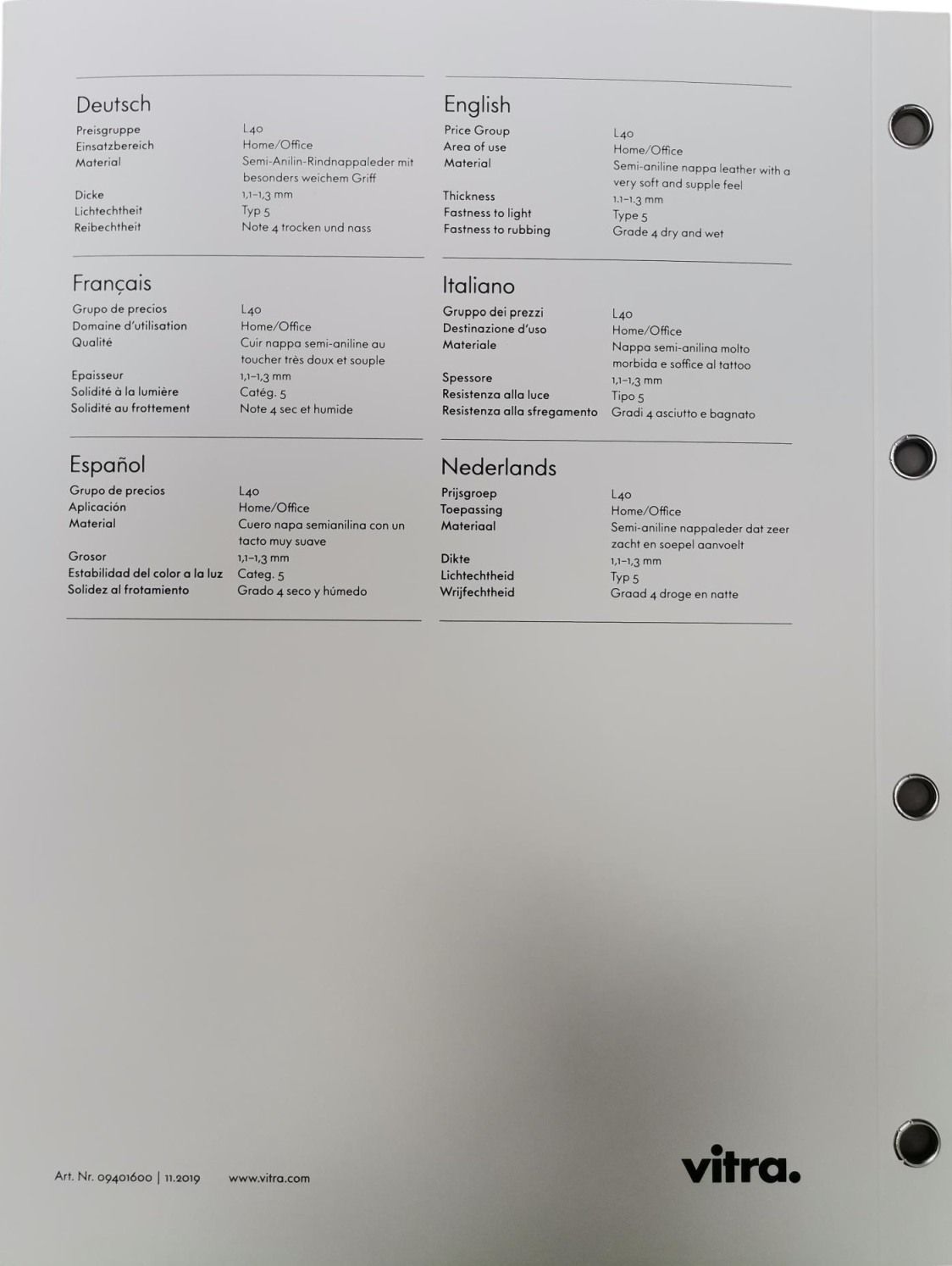 Leather Sample Card Leather Premium F Vitra