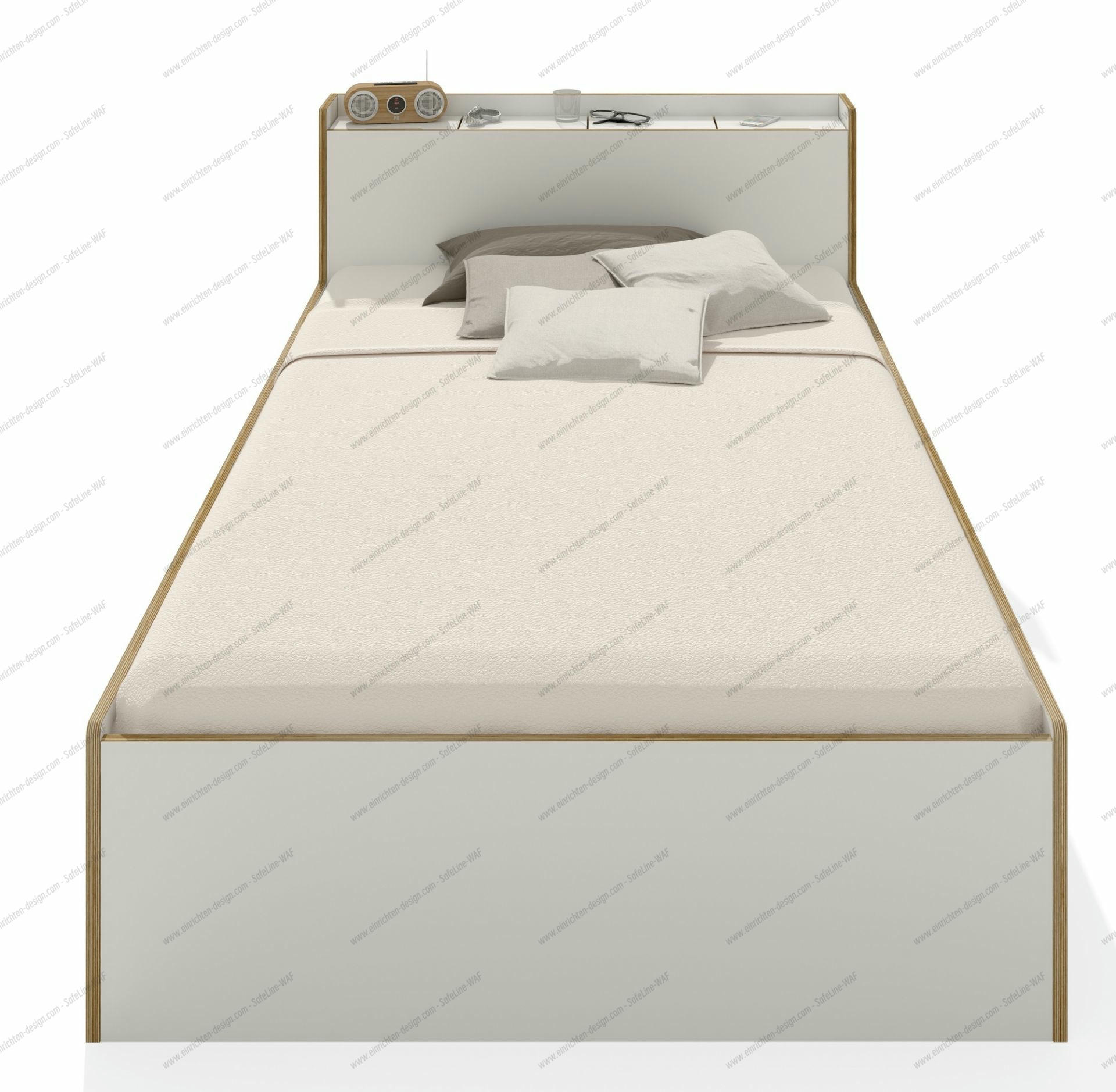 Weißes Nook Einzelbett von Müller Möbelwerkstätten mit Ablagefläche am Kopfteil. Modernes Design.