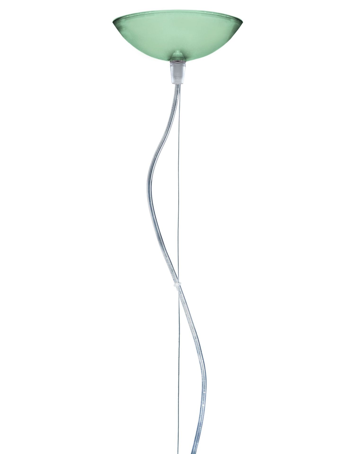 Nahaufnahme der grünen Big Fly Pendelleuchte von Kartell, moderne Hängelampe für stilvolle Innenbeleuchtung.