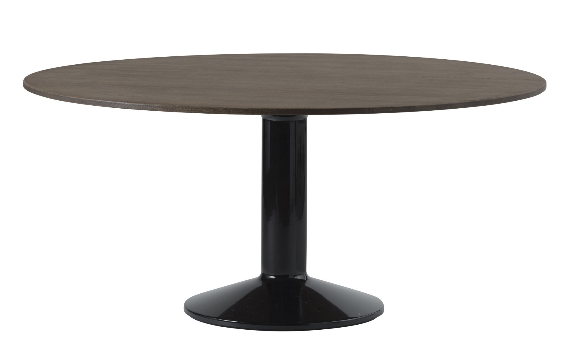 Muuto MIDST Table Esstisch mit runder, brauner Tischplatte und schwarzem, trompetenförmigem Fuß.