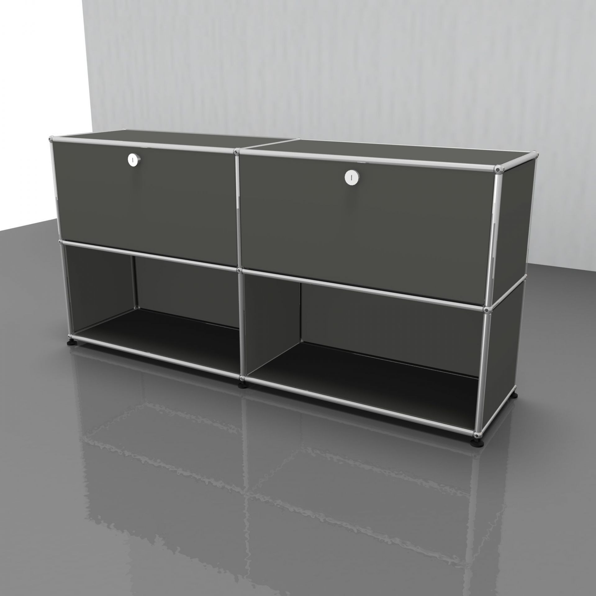 USM Haller Sideboard in Mittelgrau mit zwei Klappen, modernes Designmöbel für Wohnzimmer und Büro.