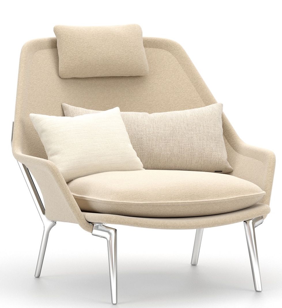Vitra Slow Chair Sessel mit Stoffbezug in Beige und Kopfstütze, modernes Design für Wohnzimmer.