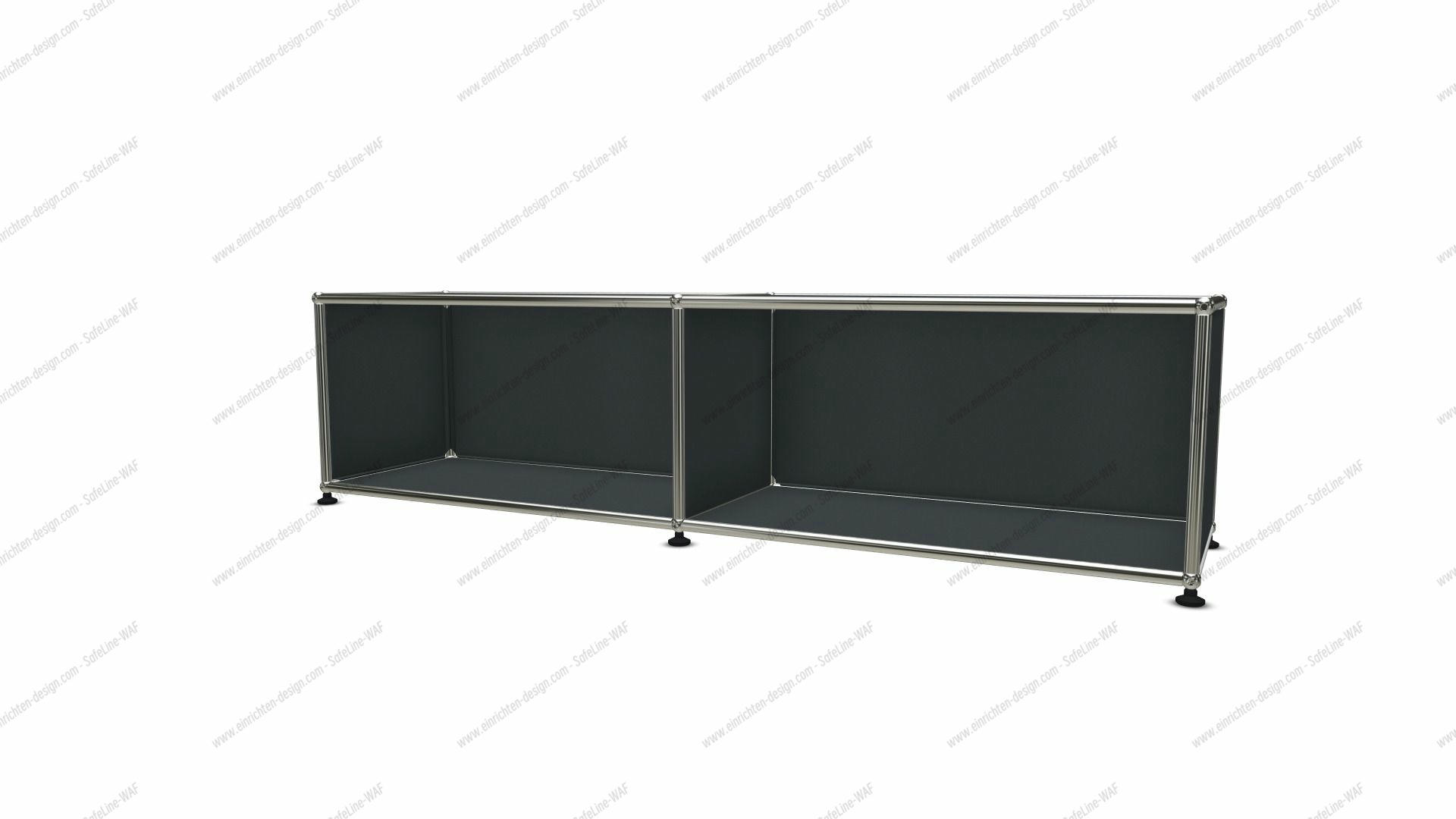 USM Haller Lowboard in Anthrazit mit offenen Fächern, modernes modulares Möbelstück für Wohnzimmer und Büro.