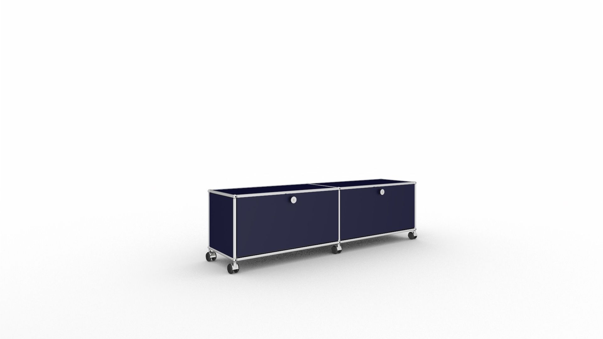 USM Haller Lowboard in Stahlblau: Schmales TV-Möbel mit zwei Fächern und Rollen für Wohnzimmer.