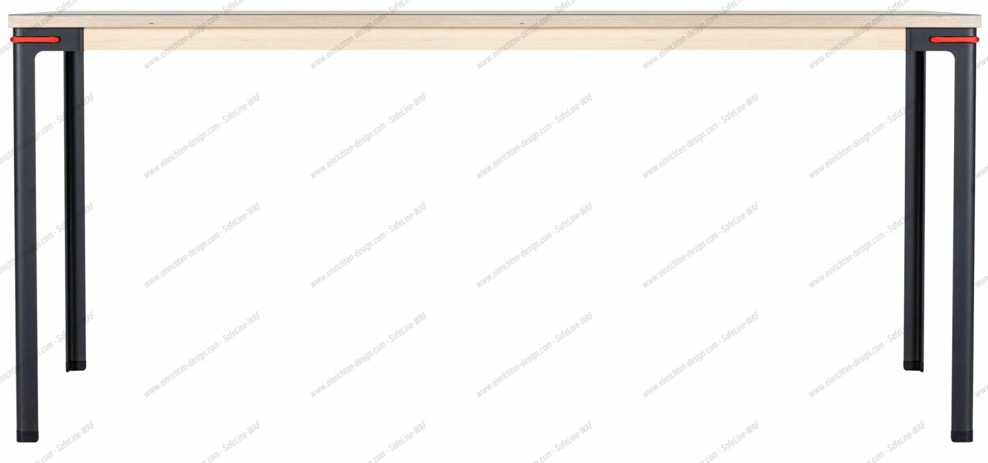 Seiltänzer Tisch von Moormann: Heller Holztisch mit schwarzen Beinen und roter Seil-Verbindung.