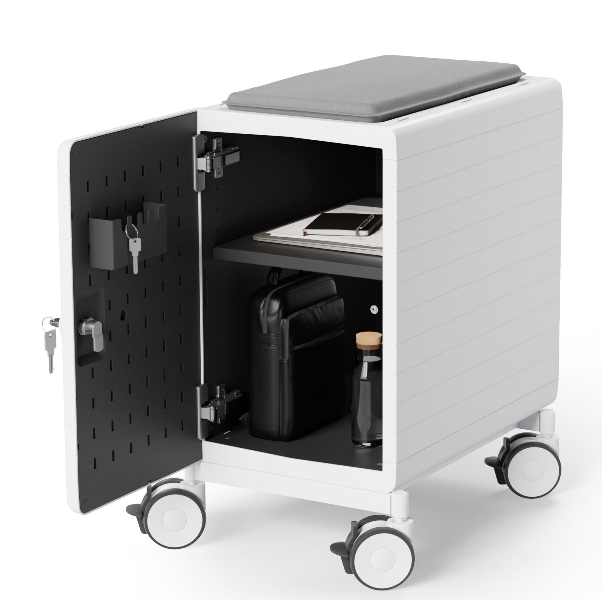 Personalbox von König und Neurath, weißer Rollcontainer mit Sitzkissen und geöffneter Tür, Inneneinteilung mit Zubehör.
