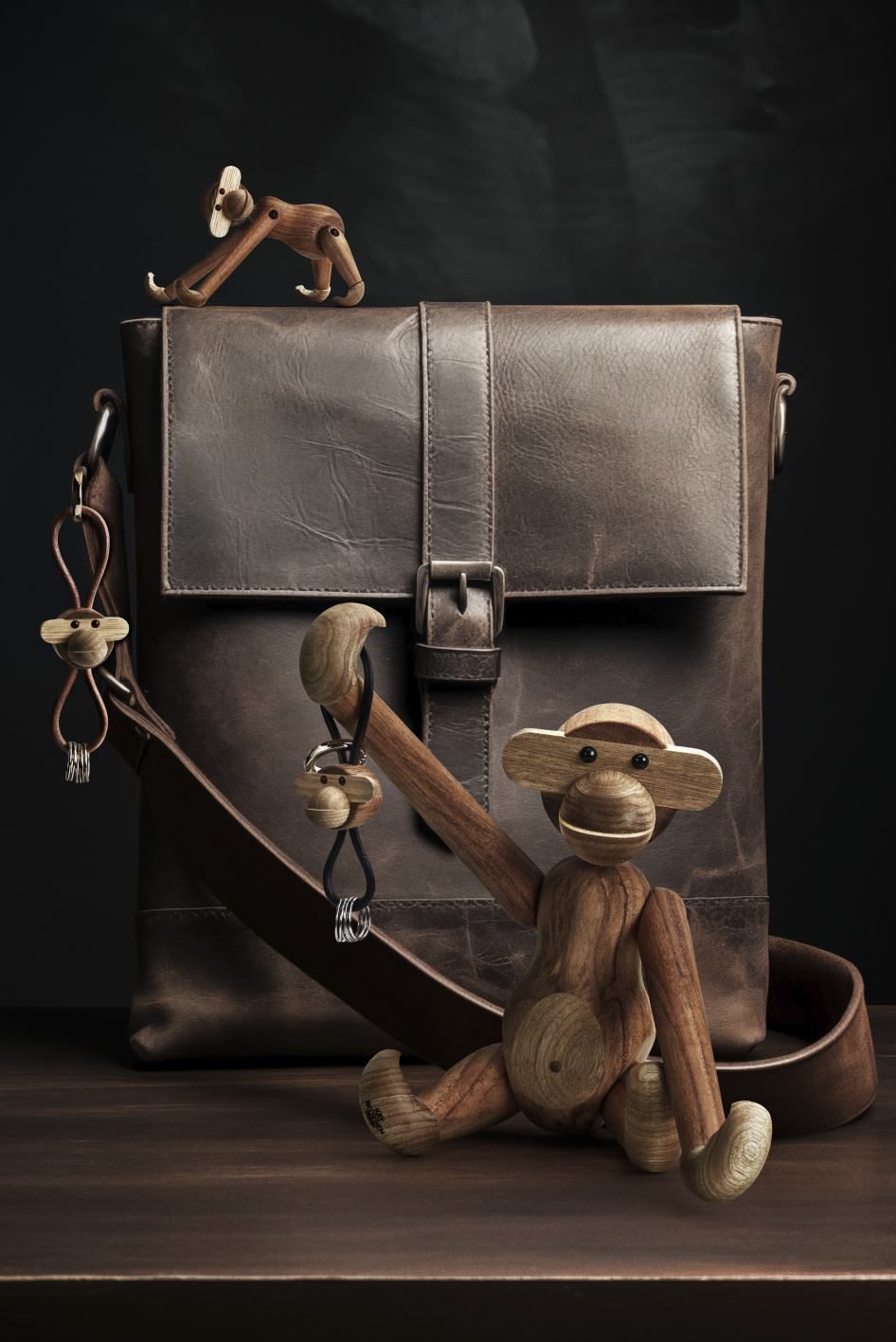 Monkey key ring silver coloured metal with black leather Kay Bojesen