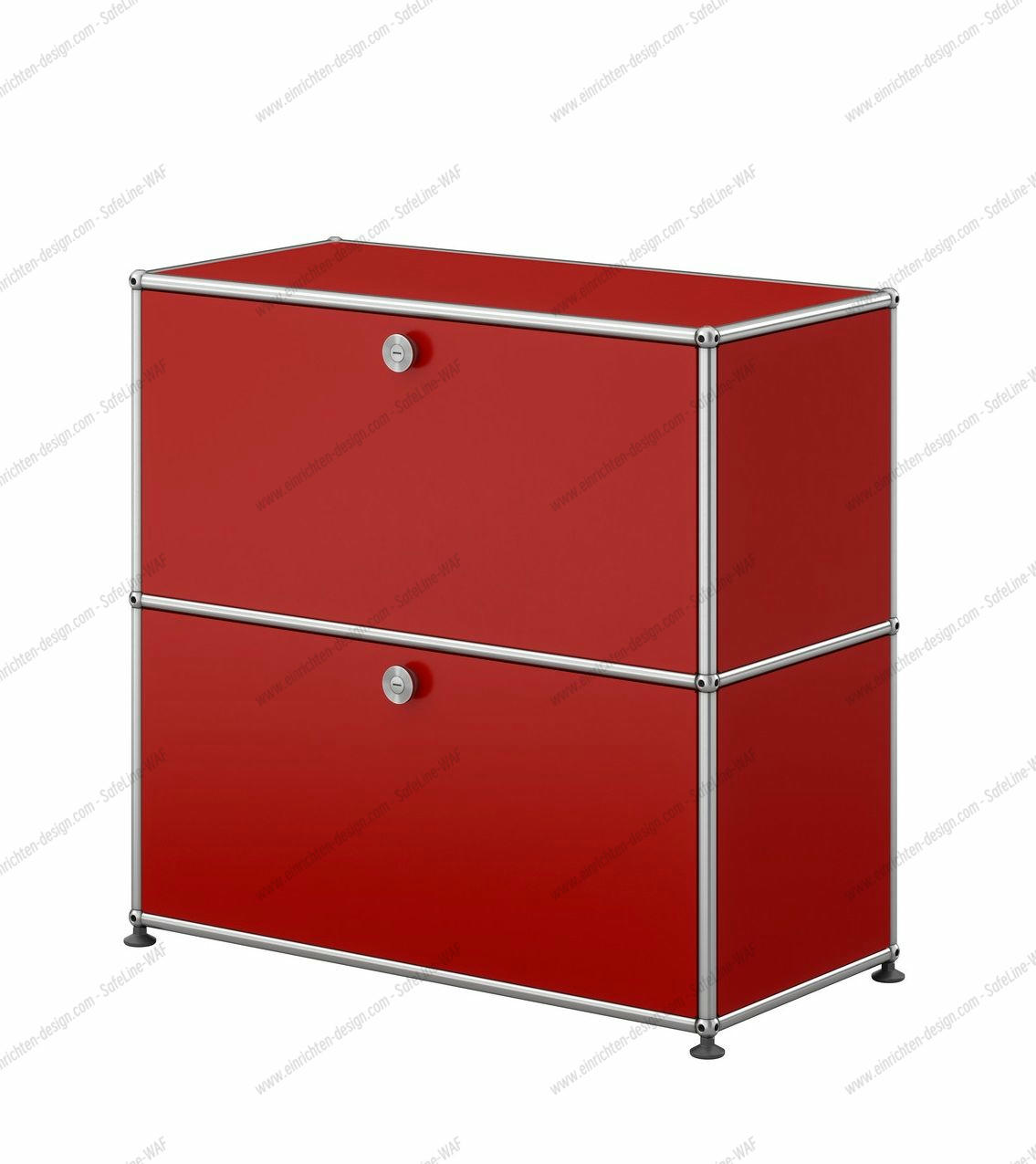 Kleines, rubinrotes USM Haller Sideboard mit zwei abschließbaren Fächern und verchromtem Stahlrohrgestell.