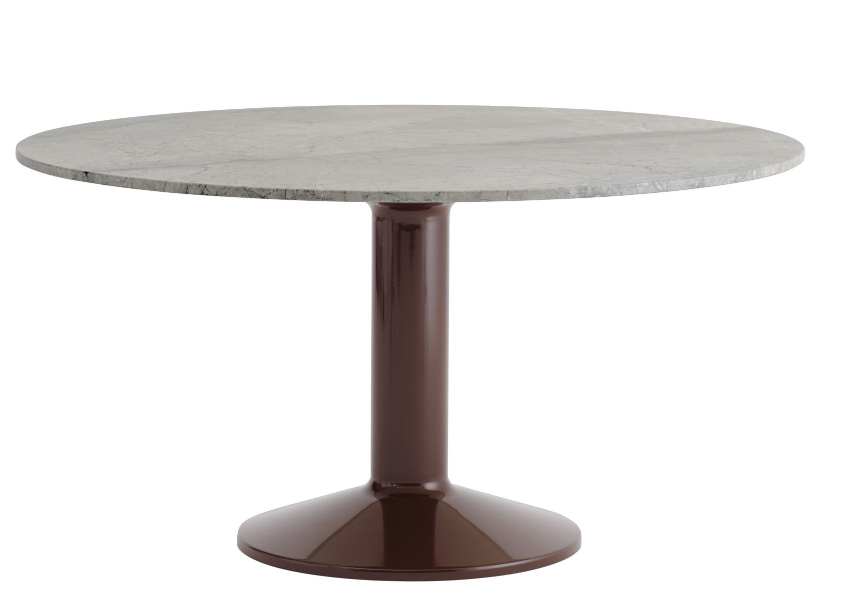 MIDST Table Esstisch von Muuto mit runder, grauer Marmorplatte und braunem, trompetenförmigem Fuß auf weißem Hintergrund.