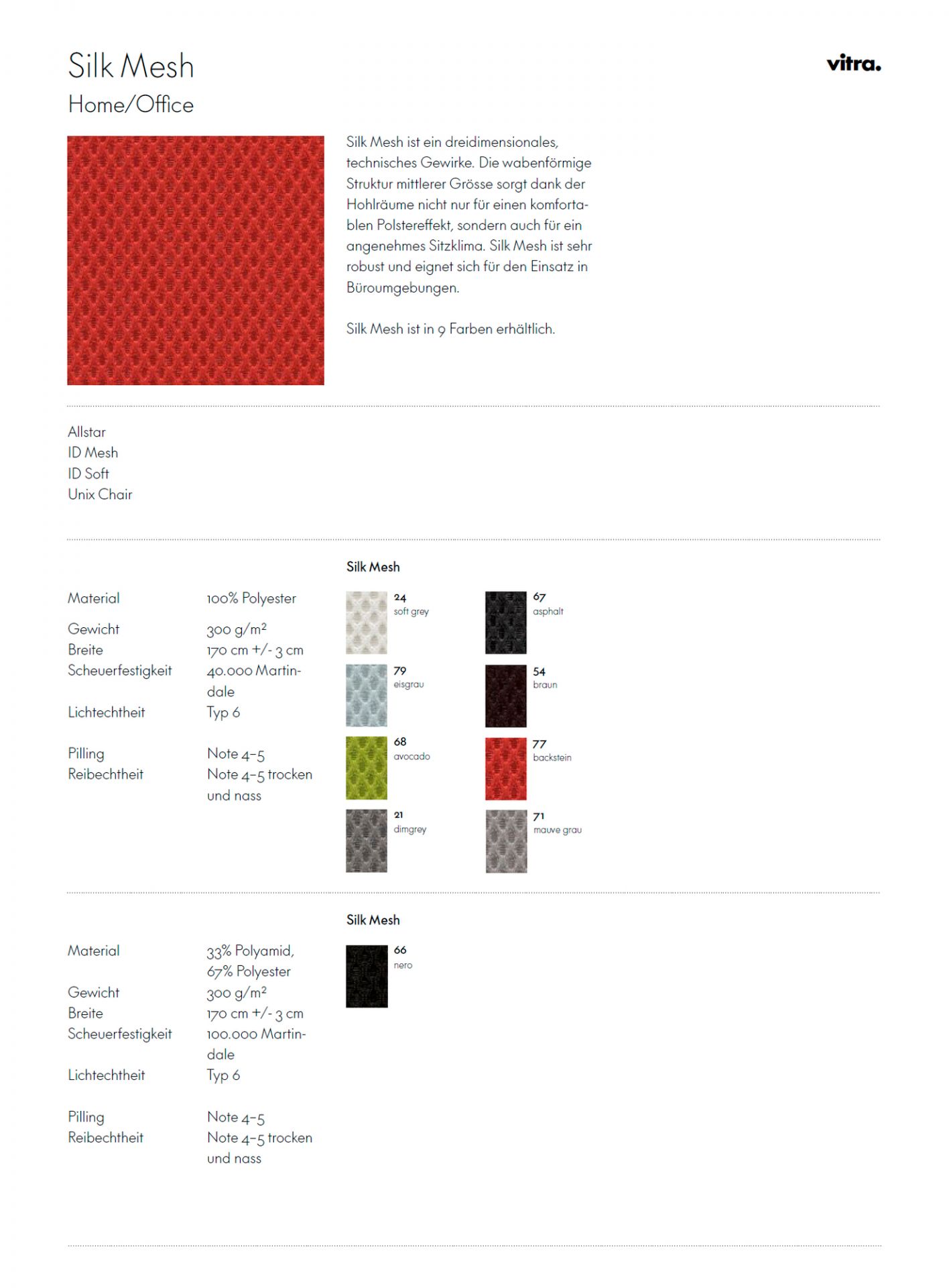 Detailansicht der Vitra Silk Mesh Stoffmusterkarte mit verschiedenen Farbvarianten und Materialinformationen.