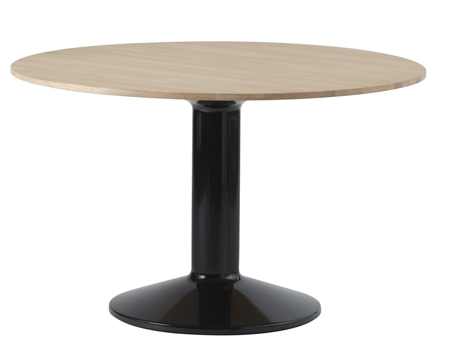 MIDST Table Esstisch von Muuto: Runder Holztisch mit schwarzem, trompetenförmigem Fuß für Esszimmer und Küche.