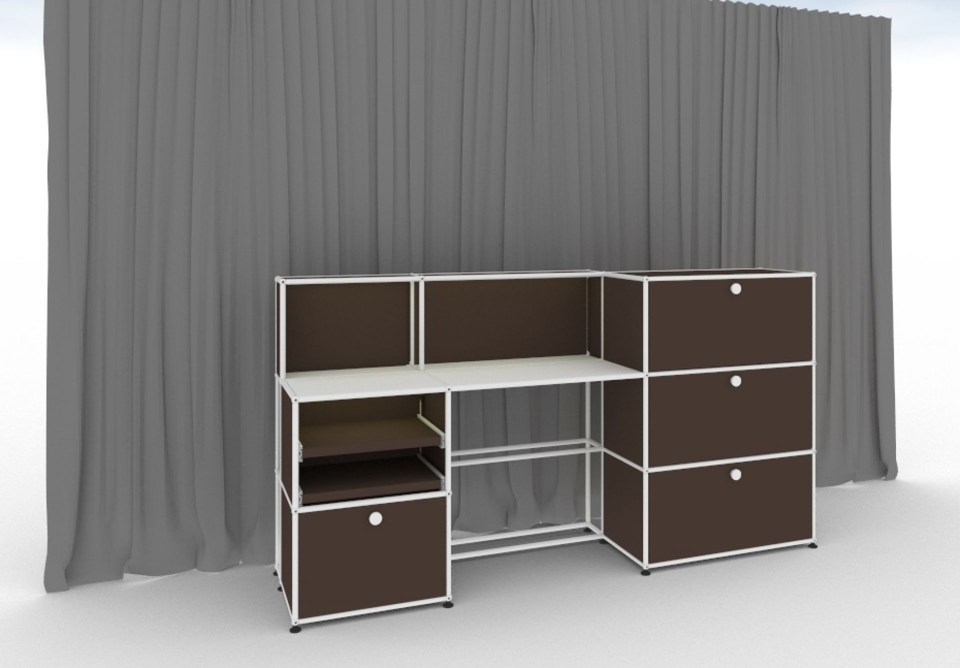 Brauner USM Haller E Arbeitsplatz mit Regalen und Schubladen, modernes modulares Büromöbel.