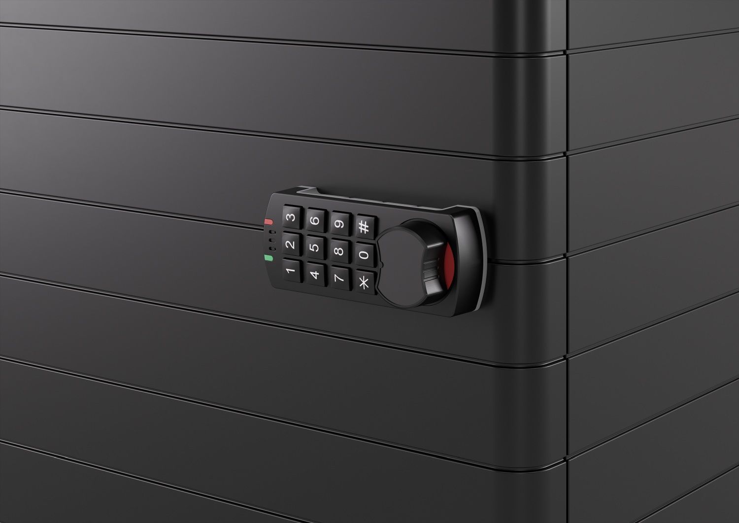 Detailaufnahme eines schwarzen Personalbox Container von König und Neurath mit Zahlenschloss.