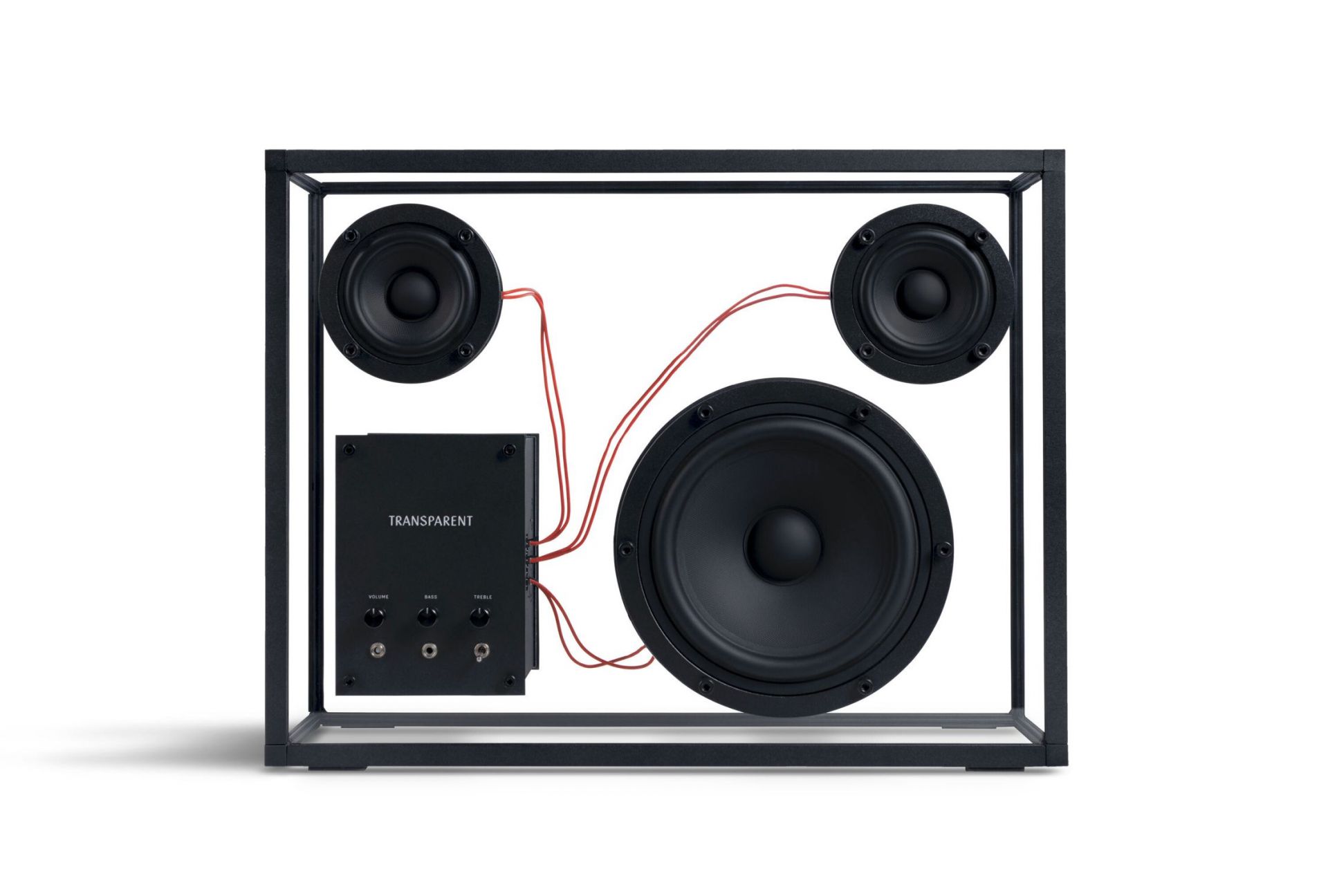 Transparent loudspeaker black with red cables Transparent