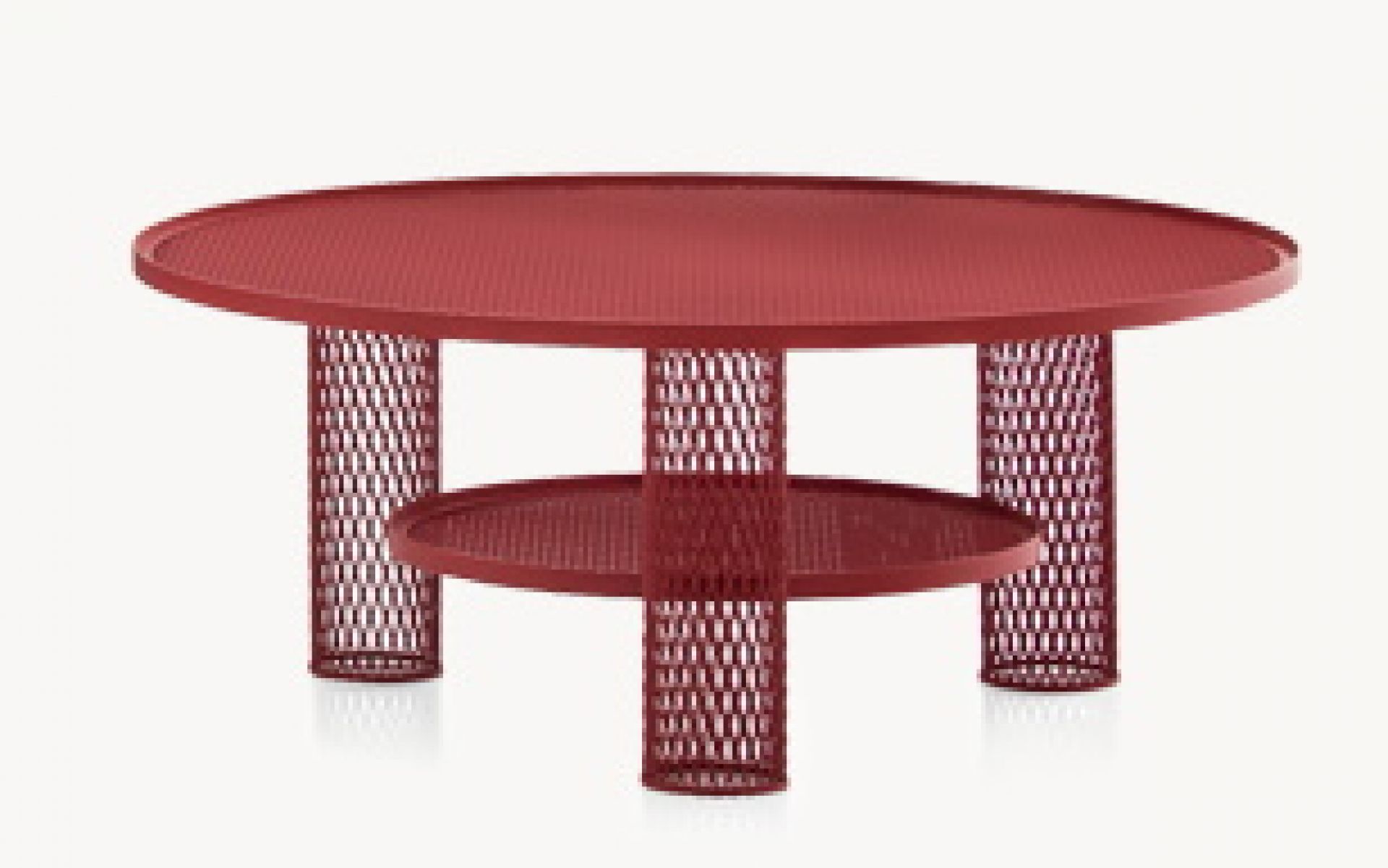 Oxidroter Net Beistelltisch groß von Moroso: Moderner, runder Metalltisch mit Ablagefläche und filigranem Netzmuster.