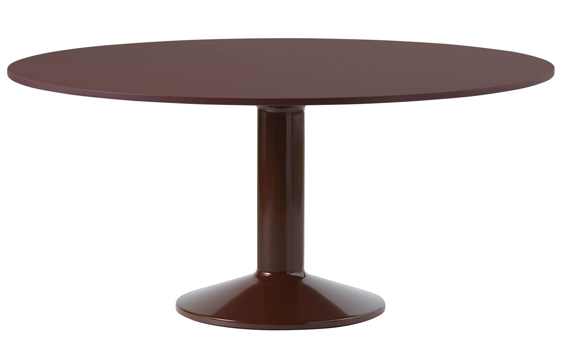 MIDST Table Esstisch von Muuto, runder brauner Tisch mit zentralem Säulenfuß, moderne Esszimmermöbel.
