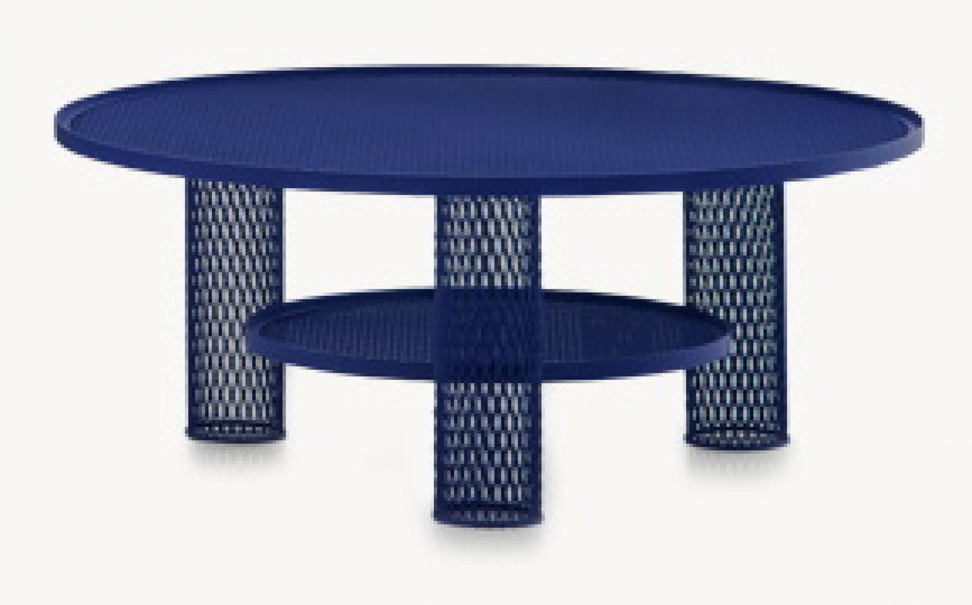Blauer, runder Beistelltisch "Net" von Moroso mit filigranem Metallgeflecht und zusätzlicher Ablagefläche. Moderner Couchtisch für Wohnzimmer oder Terrasse.