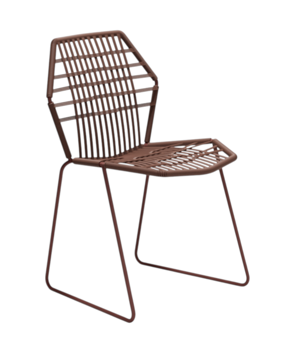 Moroso Tropicalia Stuhl in Braun, Outdoor-Sitzmöbel mit geflochtener Sitzfläche und filigranem Metallgestell.