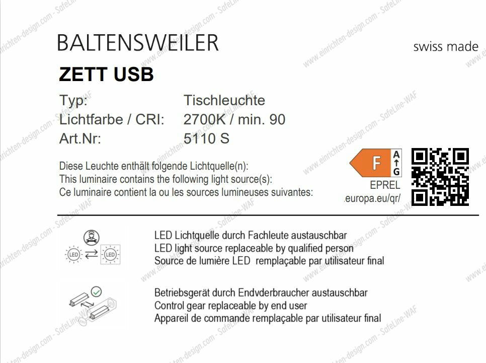 Detailansicht des Produktdatenblatts der Baltensweiler ZETT USB Tischleuchte mit technischen Informationen und Energieeffizienzklasse.