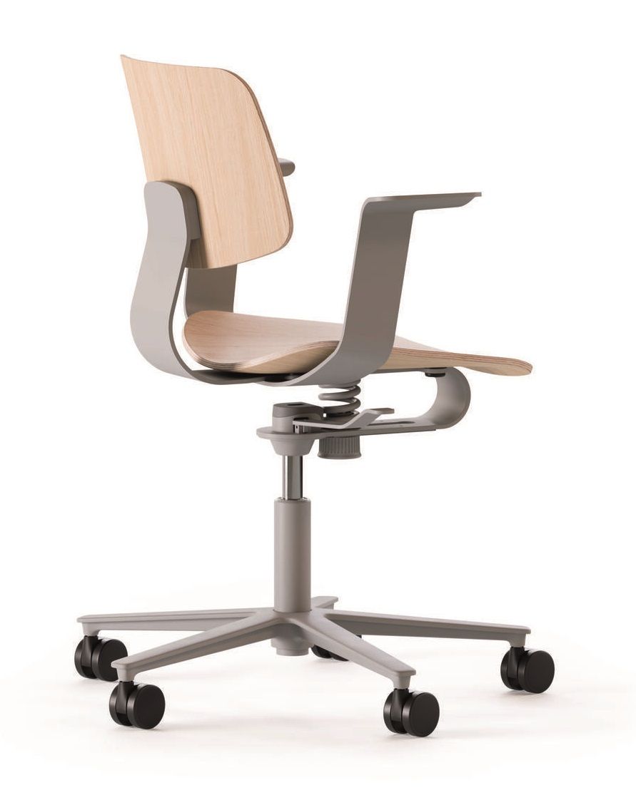 Wilkhahn WiChair Drehstuhl mit Holzschale und grauem Gestell, ergonomischer Bürostuhl mit Rollen von hinten.